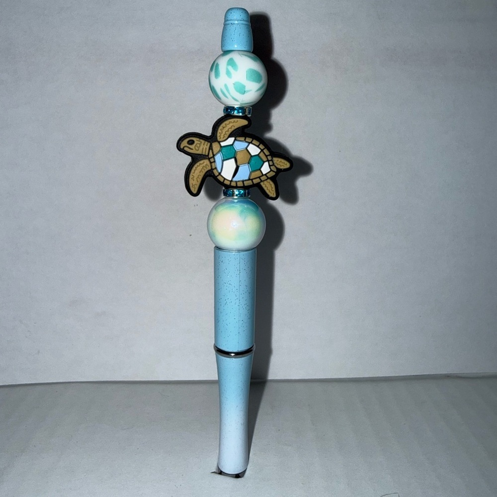 Handmade Beaded Pen- Light Blue Sea Turtle with silicone beads